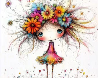Whimsical Girl Picking Flowers Clipart, Watercolor Style (Digital Download)