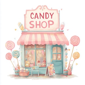 May include: Watercolor illustration of a candy shop with a pink and white striped awning and a sign that reads "CANDY SHOP." The shop is painted in pastel colors and features large lollipops and other candies.