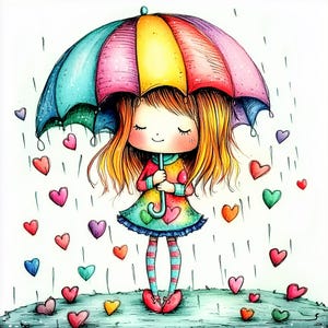 Puede incluir: Una niña con el pelo largo y rubio se para bajo una colorida sombrilla arcoíris. Lleva un vestido arcoíris con corazones y medias a rayas. Corazones de varios colores caen del cielo.