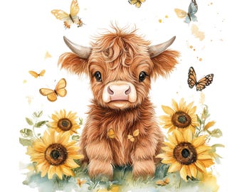 5 Highland Cow PNG z Clipartem Słoneczników Sublimacja