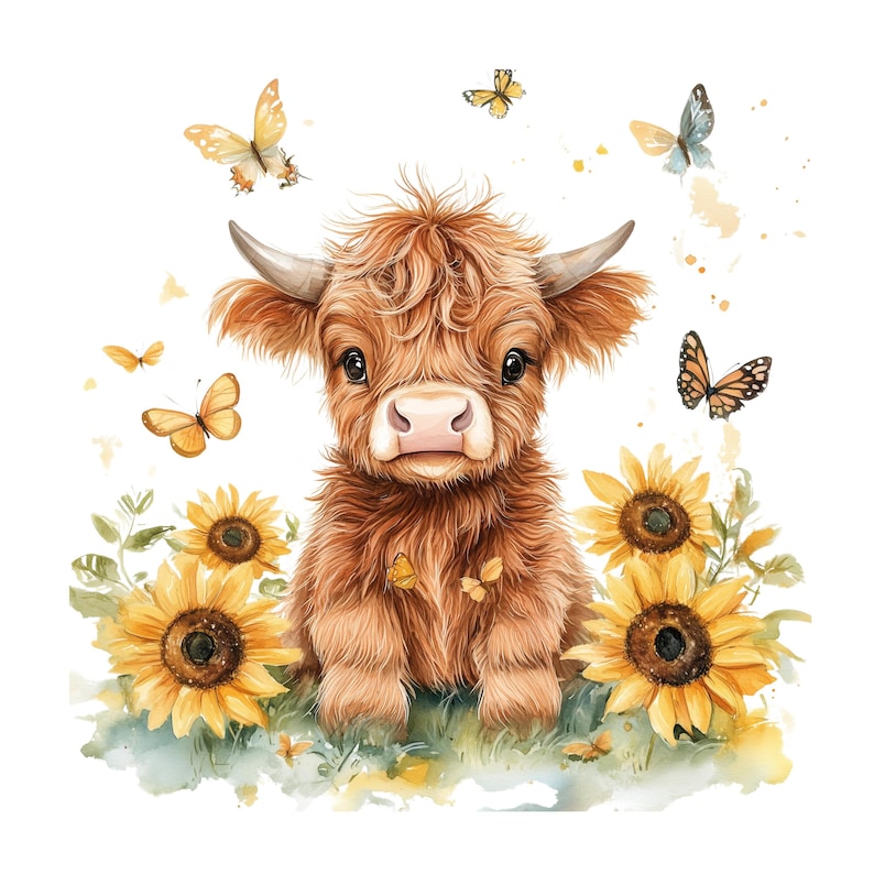 May include: A cute brown Highland cow calf with fluffy fur sits in a field of sunflowers and butterflies. The calf has a sweet expression and is surrounded by yellow sunflowers and colorful butterflies.