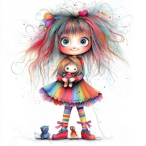 Whimsical Girl with Doll 10 High Resolution Watercolor JPGs Junk Journaling, Scrapbooking, Card Making, Digital Download Quirky