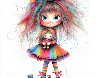 Whimsical Girl with Doll Watercolor Art, Junk Journaling (Digital Download)