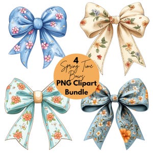 May include: Four digital illustrations of spring-themed bows with floral patterns. The bows are in shades of blue and cream with pink and orange flowers. The text "4 Spring Time Bows PNG Clipart Bundle" is in a circle on the image.