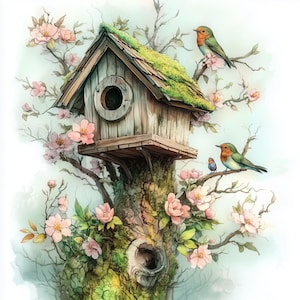 Dieci casette per uccelli 11,5x11,5 in formato JPG ad alta risoluzione per Junk Journaling, Scrapbooking, Creazione di biglietti, Download digitali, Shabby Chic, Fiori