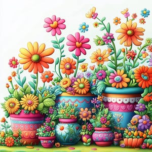 Puede incluir: Una ilustración colorida de una fila de macetas con flores brillantes en varios colores, incluyendo rosa, naranja, amarillo y azul. Las macetas están decoradas con patrones geométricos y tienen un estilo caprichoso y de dibujos animados.