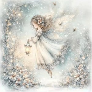 Puede incluir: Ilustración en acuarela de un hada con un vestido blanco, sosteniendo una linterna, en medio de una escena invernal nevada. El hada tiene el pelo largo y suelto adornado con flores y delicadas alas. La obra presenta colores suaves y un ambiente caprichoso.