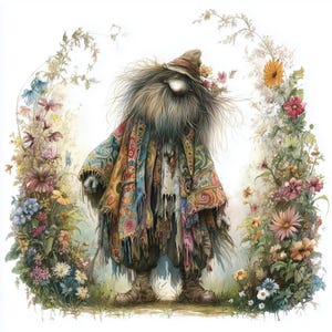 May include: A whimsical illustration of a gnome-like figure with a long, gray beard and a hat, wearing a colorful, patterned coat. The figure stands amidst a vibrant floral archway, with various flowers in shades of pink, yellow, and blue.