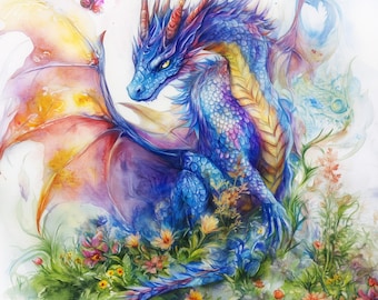 Watercolor Dragons Clipart, Colorful Fantasy Art (Digital Download)