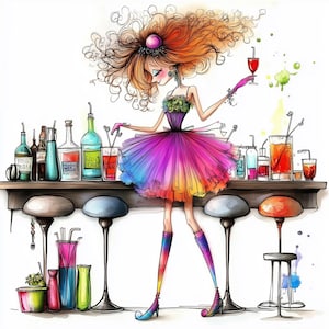 Puede incluir: Una ilustración de dibujos animados de una mujer con el pelo largo y rojo que lleva un vestido arcoíris y sostiene un vaso de líquido rojo. Está de pie en un bar con una barra y taburetes. Hay varias botellas y vasos de líquidos de colores en la barra.