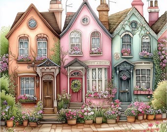 10 archivos JPG de alta resolución de 11,5 x 11,5 de hileras de casas para diarios basura, álbumes de recortes, creación de tarjetas, descargas digitales, estilo shabby chic y flores.