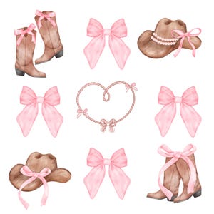 May include: A set of nine watercolor illustrations featuring pink bows, brown cowboy hats, and brown cowboy boots. The illustrations are perfect for crafting, scrapbooking, or adding a touch of rustic charm to your designs.