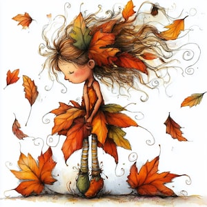 Op de afbeelding: Een grillige illustratie van een jong figuur versierd met herfstbladeren. Het figuur draagt een jurk en heeft haar gemaakt van bladeren in tinten oranje, geel en groen. Het kunstwerk roept een gevoel van herfst op met vallende bladeren.
