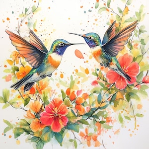 Hummingbirds Watercolor Flowers, Shabby Chic, High Resolution JPGs for Junk Journaling, Scrapbooking, Card Making, Digital Downloads