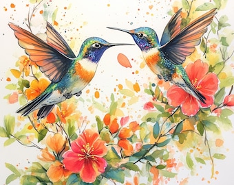 Hummingbird Watercolor Floral Art, Shabby Chic JPGs (Digital Download)