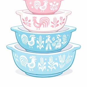 5 Vintage Pyrex Bowls PNG Clipart Bundle