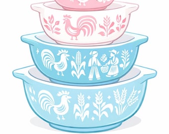 5 Vintage Pyrex Bowls PNG Clipart Bundle