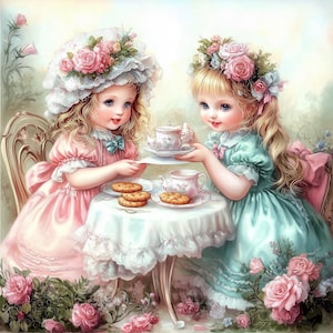May include: Two young girls dressed in pink and blue dresses are having tea party. They are sitting at a table with a white tablecloth and are drinking tea from teacups. There are cookies on the table and a teapot.