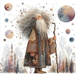 Könnte beinhalten: Aquarellillustration eines weisen alten Zauberers mit langem weißem Bart und wallendem grauem Haar. Er trägt eine gemusterte Robe und hält einen Holzstab. Der Hintergrund zeigt Planeten, Sterne und stilisierte Bäume.