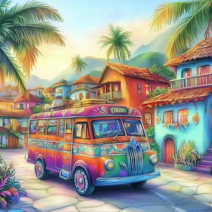 May include: A brightly coloured bus, adorned with floral and geometric designs, is parked on a cobbled street. The bus features shades of orange, purple, and pink. Palm trees and buildings with red tile roofs create a tropical backdrop.
