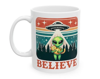 "Alien ""Believe"" Katze Keramiktasse, Lustige Weltraum Kaffeetasse, UFO Liebhaber Geschenk, Außerirdische Teetasse, Sci-Fi Küchen Dekor, Bereich 51 Geschenk, Alien."