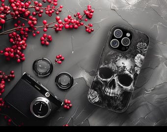 Coque de portable floral Skull - Coque durable et absorbant les chocs pour iPhone et Samsung, esthétique gothique, finition brillante, protectrice et élégante