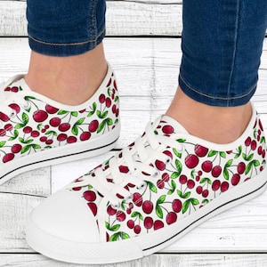 Women&#39;s Low Top Sneakers, Cherries, Casual Lace-Up Shoes for Walking, Breathable Canvas Shoes, Fun, Cute, Comfortable, Unique, Cool, gift