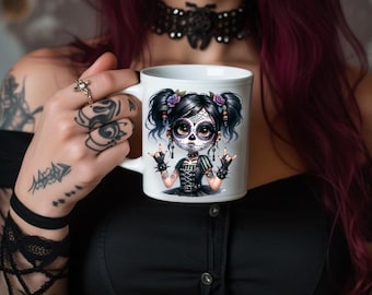 Taza de café de cerámica gótica de 11 oz, acabado brillante, colores vivos, apta para lavavajillas y microondas: regalo perfecto para amantes del estilo gótico y alternativo, linda