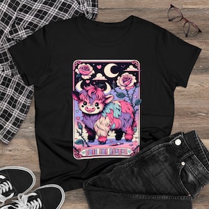 Camiseta feminina de algodão de peso médio, carta de tarô, camiseta macia, camisa casual semi-ajustada, camiseta durável para o dia a dia, sarcástica, única