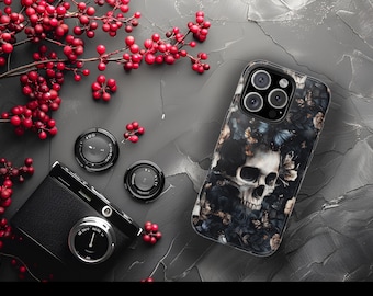Coque de portable floral Skull - Coque durable et absorbant les chocs pour iPhone et Samsung, esthétique gothique, finition brillante, protectrice et élégante