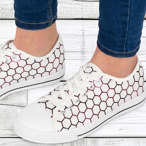 Women&#39;s Low Top Sneakers, Purple Honeycombs, Casual Lace-Up Shoes for Walking, Breathable Canvas Shoes, Fun, Cute, Comfortable, Unique, Cool