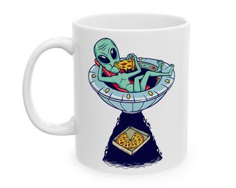 Alien Eating Pizza 11 oz Ceramic Mug, Funny Space Coffee Cup, UFO Lover, Extraterrestrial Tea Mug, Sci-Fi Kitchen Decor, Area 51 Gift, Alien