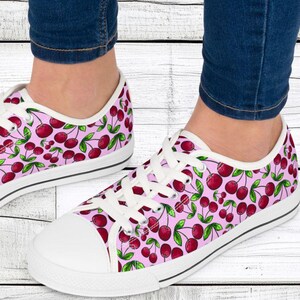 Women&#39;s Low Top Sneakers, Cherries, Casual Lace-Up Shoes for Walking, Breathable Canvas Shoes, Fun, Cute, Comfortable, Unique, Cool, gift