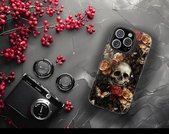 Coque de portable floral Skull - Coque durable et absorbant les chocs pour iPhone et Samsung, esthétique gothique, finition brillante, protectrice et élégante