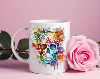 Taza de café con calavera gótica, colores vivos, decoración gótica para el hogar.