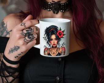 Taza de café de cerámica gótica de 11 oz, acabado brillante, colores vivos, apta para lavavajillas y microondas: regalo perfecto para amantes del estilo gótico y alternativo, linda