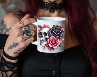 Taza de café con calavera gótica y rosas, taza de cerámica de estilo alternativo