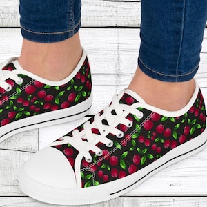 Women&#39;s Low Top Sneakers, Cherries, Casual Lace-Up Shoes for Walking, Breathable Canvas Shoes, Fun, Cute, Comfortable, Unique, Cool, gift