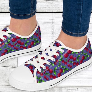 Women&#39;s Low Top Sneakers, Cherries, Casual Lace-Up Shoes for Walking, Breathable Canvas Shoes, Fun, Cute, Comfortable, Unique, Cool, gift