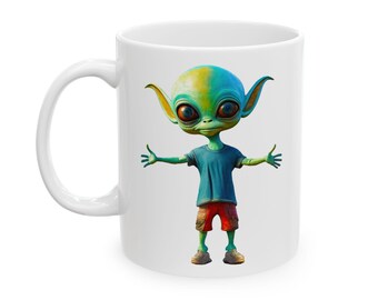 Alien Hug Ceramic Mug, Funny Space Coffee Cup, UFO Lover, Extraterrestrial Tea Mug, Sci-Fi Kitchen Decor, Area 51 Gift, Alien