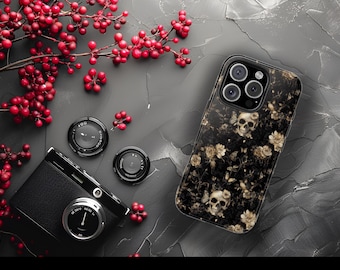 Coque de portable floral Skull - Coque durable et absorbant les chocs pour iPhone et Samsung, esthétique gothique, finition brillante, protectrice et élégante