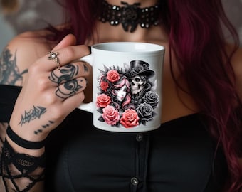 Taza de café gótica, diseño de calavera y rosas, cerámica de 325 ml.