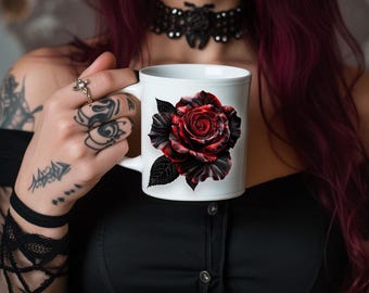 Taza de café de cerámica con diseño de rosa gótica, regalo de estilo alternativo
