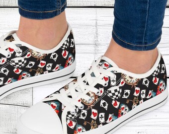 Women's Low Top Sneakers, Red & Black Pocket Watch Pattern, Casual Lace-Up Shoes for Walking, Breathable Canvas Shoes, Fun, Creative, Cute