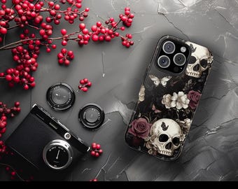 Coque de portable floral Skull - Coque durable et absorbant les chocs pour iPhone et Samsung, esthétique gothique, finition brillante, protectrice et élégante