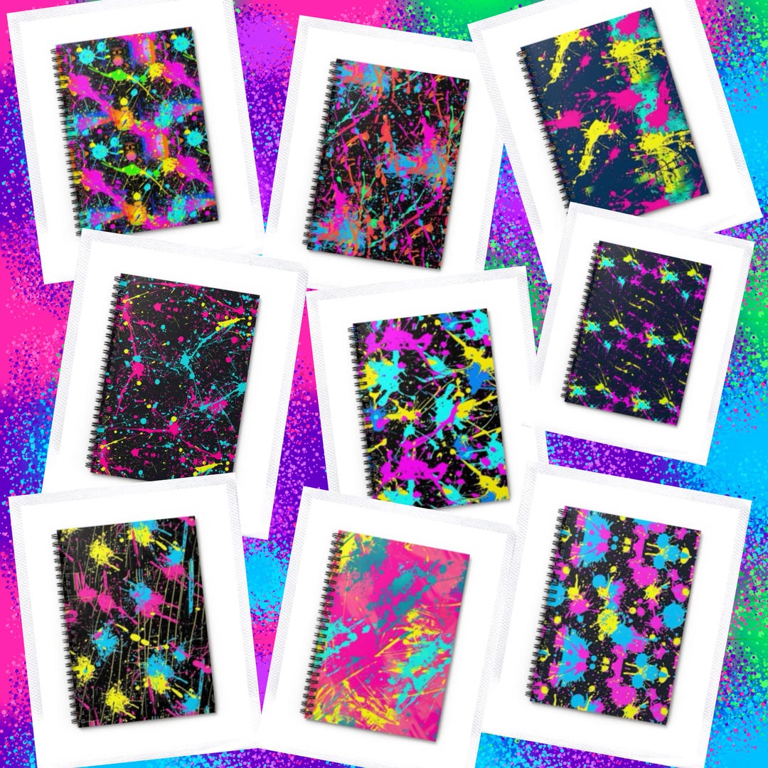 Writing Neon Notebook Neon Paint Splatter Spiral Notebook – Ruled Line Paper, 118 Pages ...