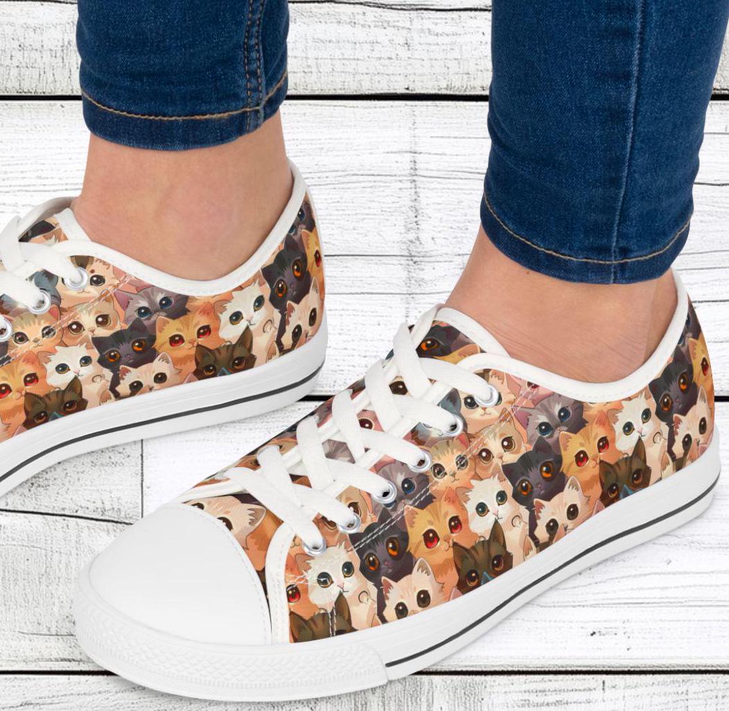 Zapatillas bajas para mujer, diseño de gatos, lengüeta estampada, zapatos casuales con cordones para caminar, uso diario, lona transpirable, zapatilla