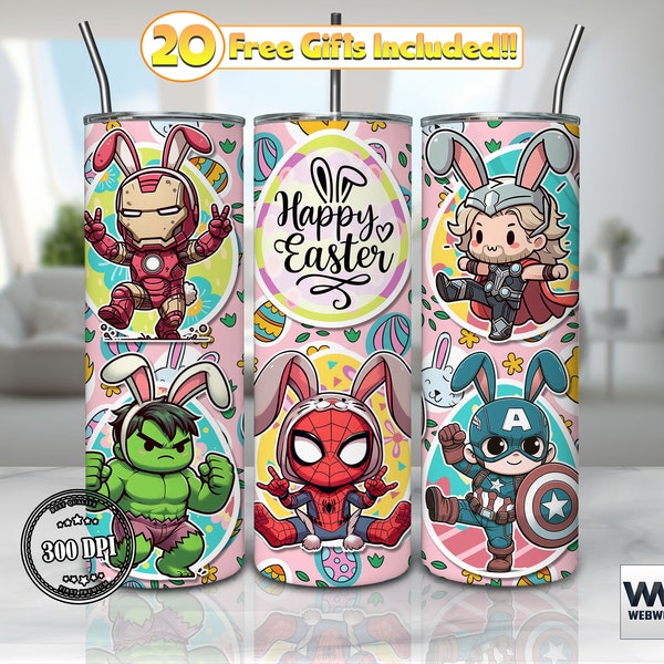 Super Hero Easter Day 20oz Skinny Tumbler Sublimation Designs Png, Easter Day For Straight/Tapered Wrap Png, Chibi Hero Png, Commercial Use