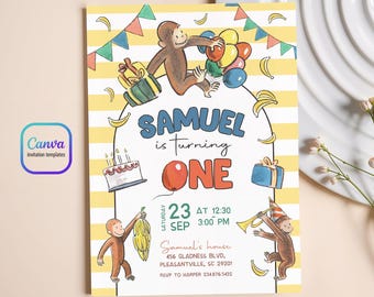 Curious George birthday invitation, printable Monkey invite, Ape invite, Curious George one bday party, boy 1st birthday, editable template
