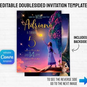 May include: A double-sided invitation template with a fantasy theme. The front features a girl reaching for a glowing object, with the name "Adriana" and the number "5". The Canva template is editable. The backside is also included.